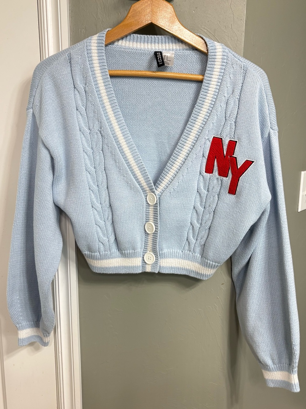 H&M Light Blue Cropped Cable Knit Cardigan with Red NY Patch